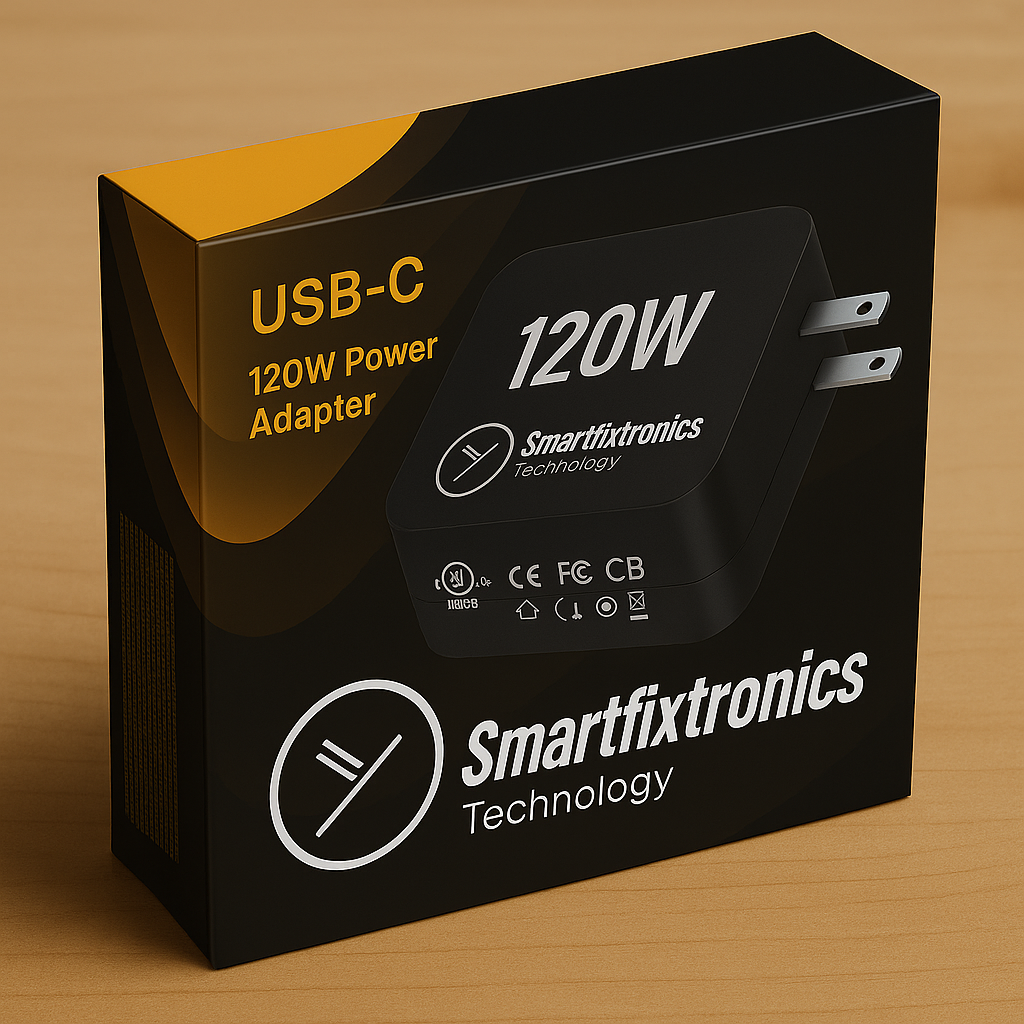 Smartfixtronics USB-C 120W Power Adapter in black packaging.