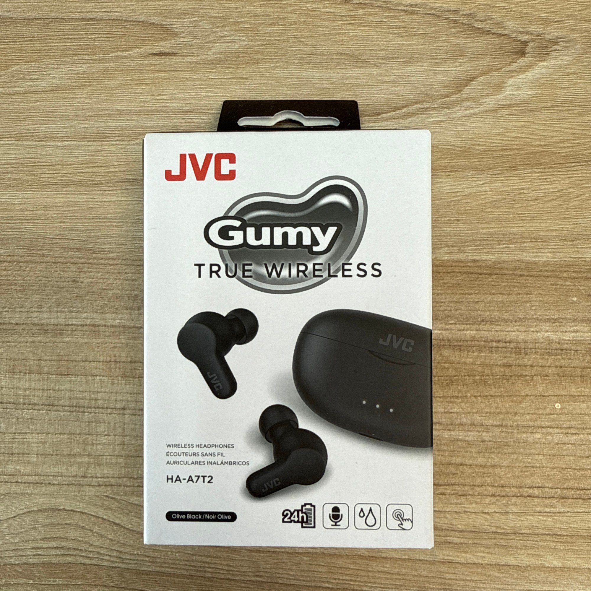 “JVC Gumy True Wireless earphones, model HA-A7T2, black.”