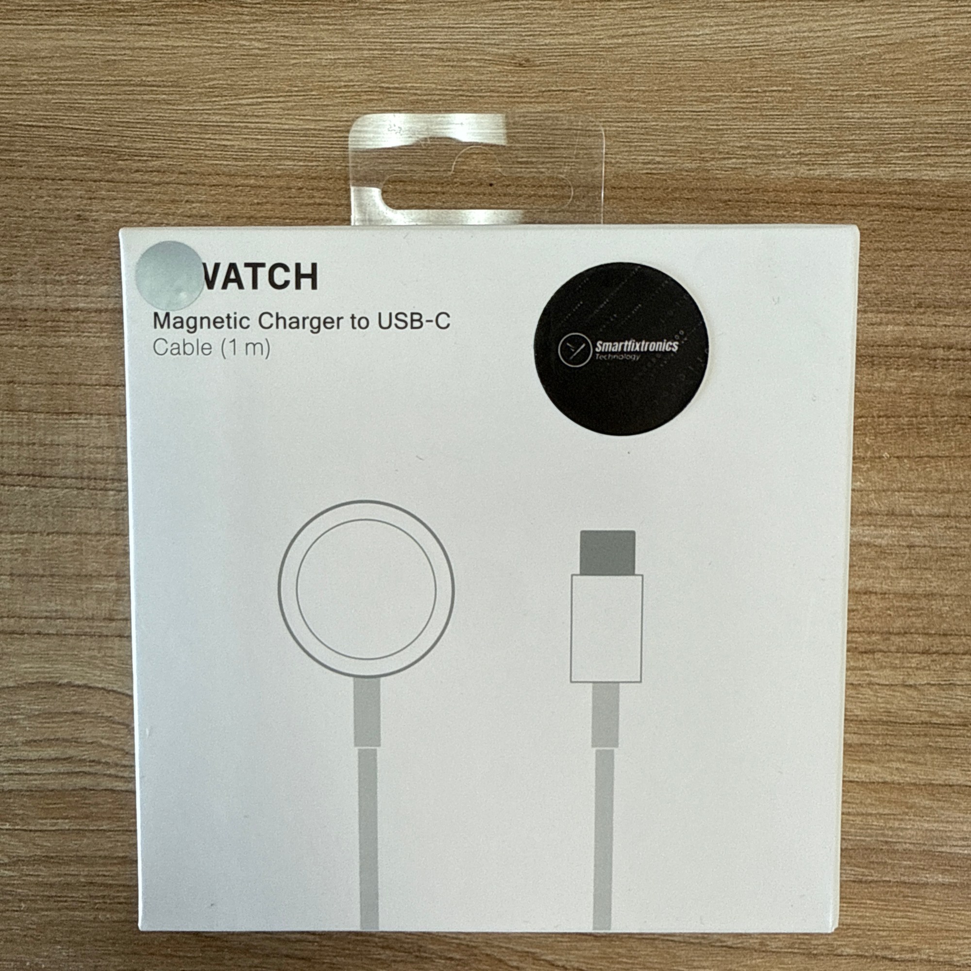“Apple Watch magnetic charger to USB-C cable, 1 meter, with Smartfixtronics seal.”