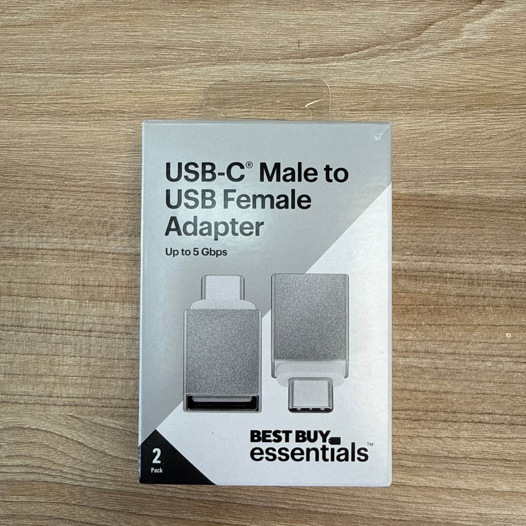 “Best Buy Essentials USB-C male to USB female adapter, 2-pack, supports up to 5Gbps.”