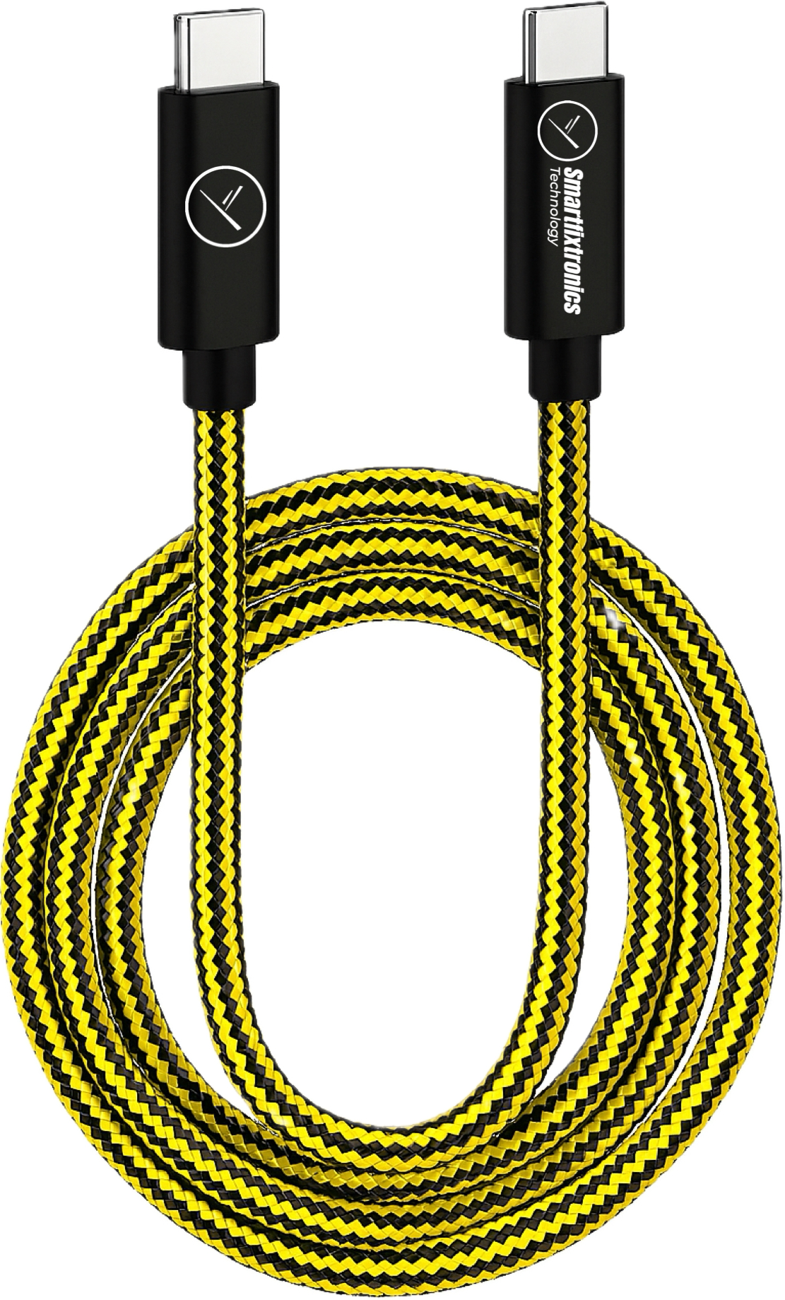 Smartfixtronics USB-C braided cable in black and yellow design, available in 60W and 240W versions, 1m and 2m lengths.